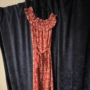 red, off the shoulder maxi dress with slit